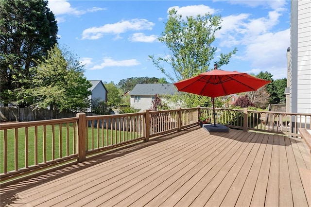 deck with a yard and fence