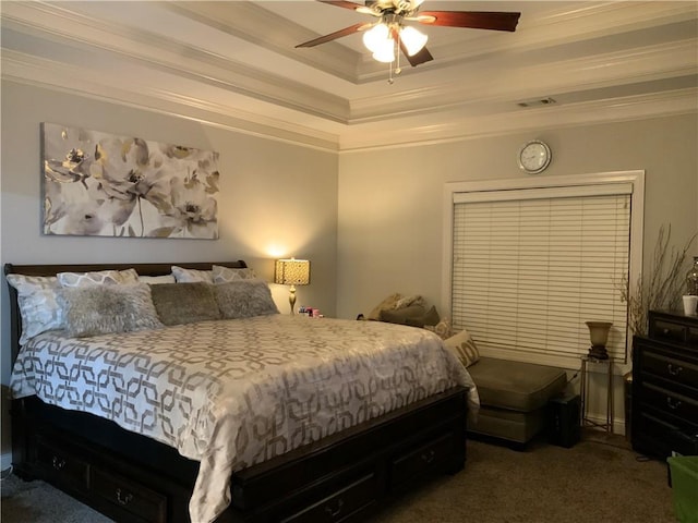 1162 Mason Lee, Loganville, GA 30052 - carpeted bedroom featuring a tray ceiling, ceiling fan, visible vents, and ornamental molding