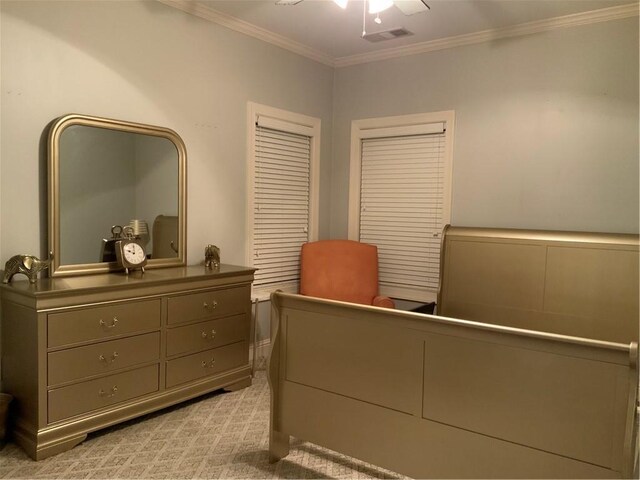 1162 Mason Lee, Loganville, GA 30052 - bedroom with light carpet, a ceiling fan, visible vents, and crown molding