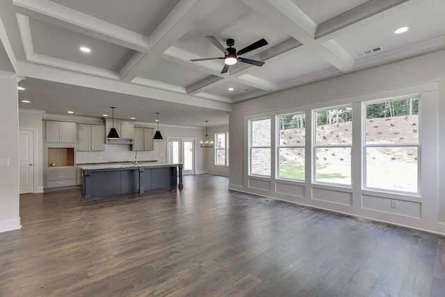 unfurnished living room with coffered ceiling, beam ceiling, visible vents, and dark wood finished floors