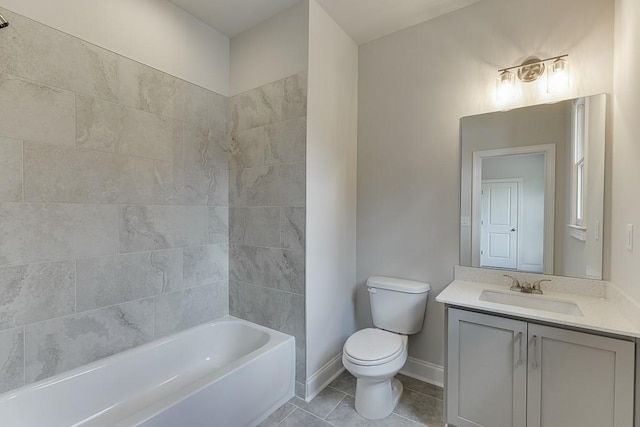 full bath with tile patterned flooring, toilet, vanity, baseboards, and shower / washtub combination