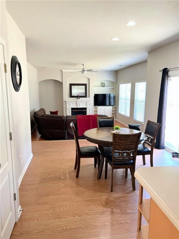 dining room featuring plenty of natural light, a fireplace, and light wood-type flooring