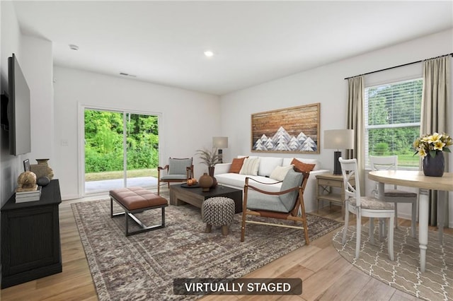 living room with light hardwood / wood-style flooring