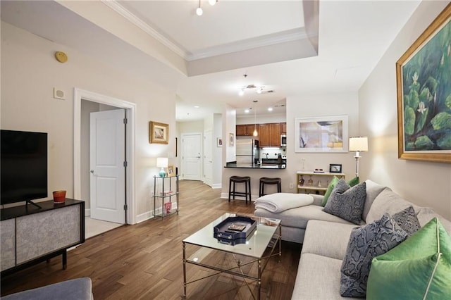 living room with ornamental molding, light hardwood / wood-style floors, and a raised ceiling