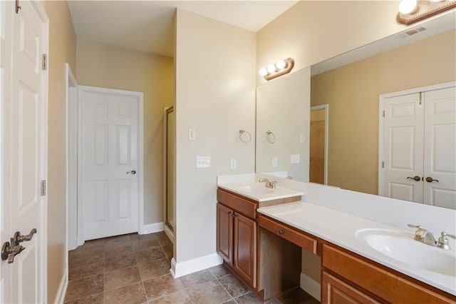 5060 Windcrest Ln, Alpharetta, GA 30022 - bathroom featuring double vanity, a shower with shower door, a closet, and stone finish flooring