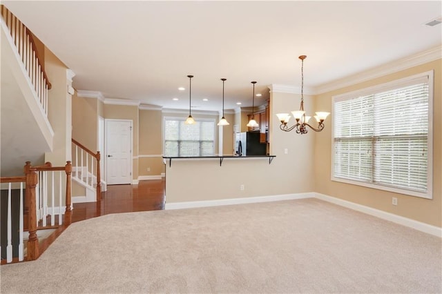 5060 Windcrest Ln, Alpharetta, GA 30022 - kitchen featuring refrigerator with ice dispenser, crown molding, recessed lighting, pendant lighting, and carpet
