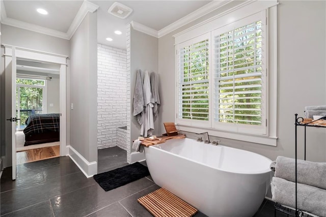 bathroom with ornamental molding, a fireplace, a wealth of natural light, and a washtub