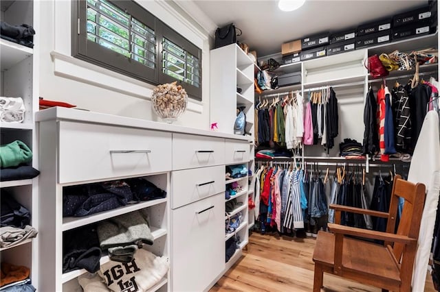 walk in closet featuring light hardwood / wood-style flooring