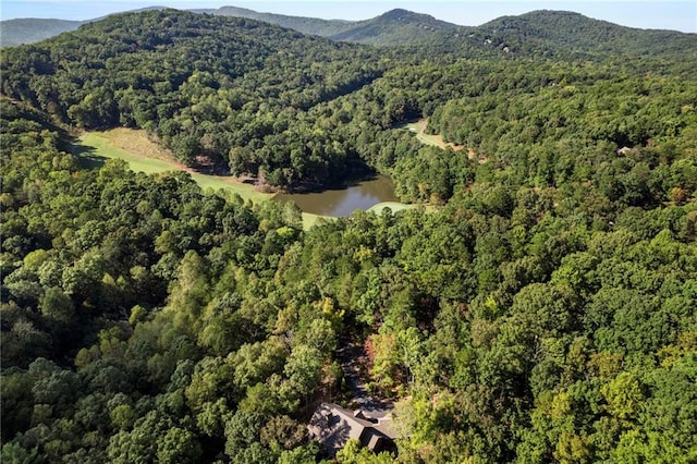 drone / aerial view with a water and mountain view