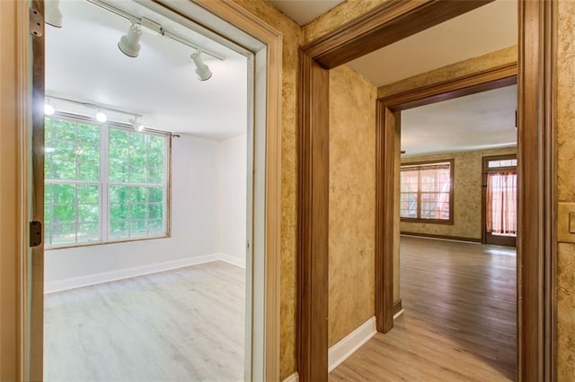 245 Ashley Forest Dr, Fayetteville, GA 30214 - hall featuring rail lighting, light wood-style flooring, and baseboards