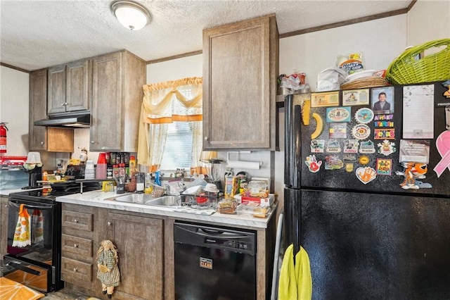 kitchen with sink, ornamental molding, black appliances, and a textured ceiling