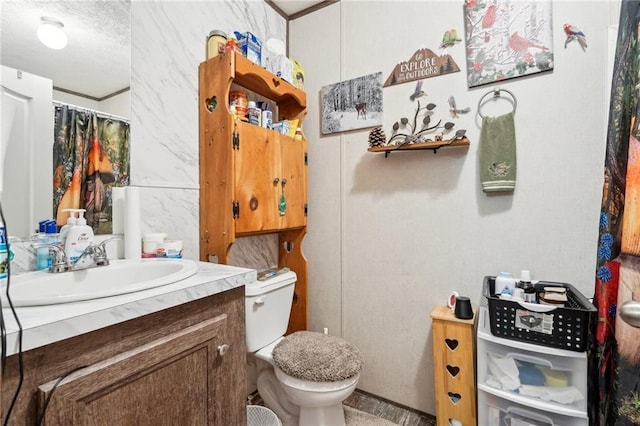 bathroom with vanity, toilet, and walk in shower