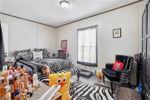 carpeted bedroom featuring crown molding and a textured ceiling