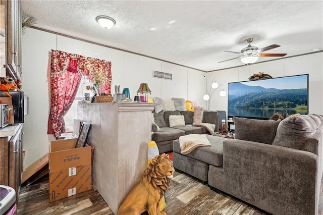 living room featuring wood-type flooring, crown molding, ceiling fan, and a textured ceiling