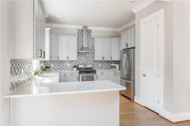 kitchen with ornamental molding, a sink, wall chimney range hood, a peninsula, and appliances with stainless steel finishes