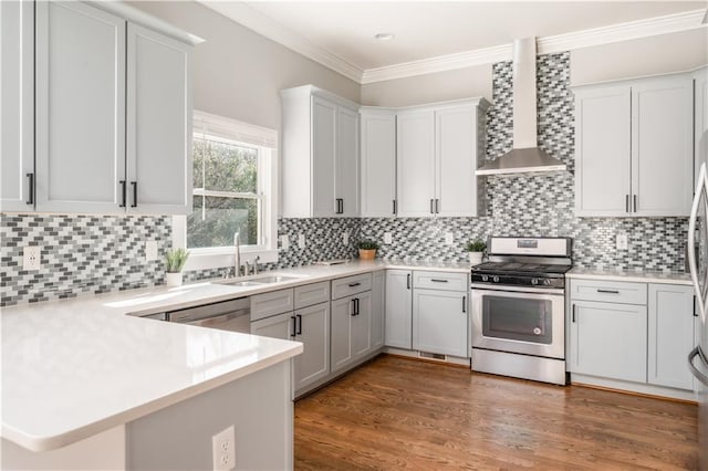 kitchen with crown molding, a sink, wall chimney range hood, a peninsula, and appliances with stainless steel finishes