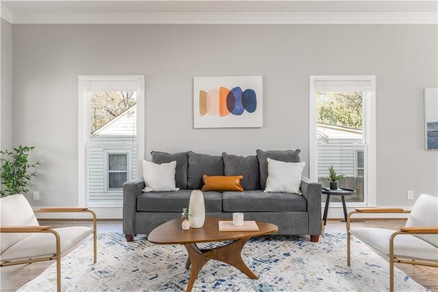 living room with crown molding and wood finished floors