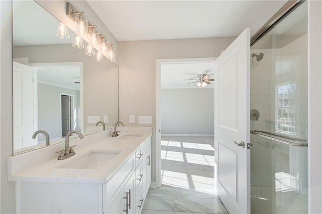 93 Portico Pl, Newnan, GA 30265 - full bath with double vanity, a shower with shower door, a ceiling fan, crown molding, and marble look tile flooring