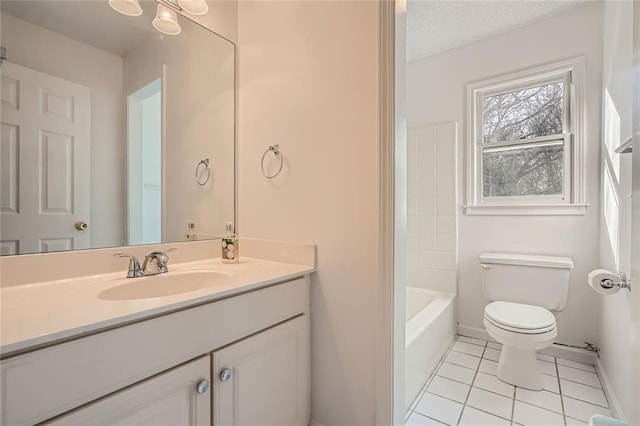 full bathroom with toilet, a textured ceiling, shower / bathtub combination, vanity, and tile patterned flooring