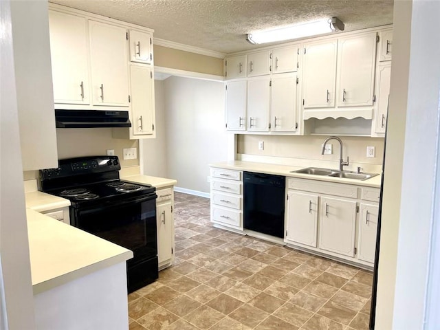 2124 Hickory Bnd SE, Conyers, GA 30013 - kitchen with black appliances, under cabinet range hood, a textured ceiling, light countertops, and white cabinetry