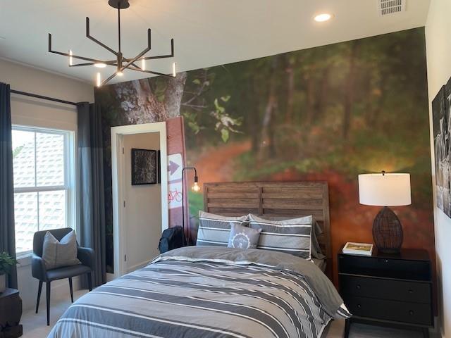 750 Keystone Dr, Woodstock, GA 30188 - bedroom with a chandelier, carpet flooring, and recessed lighting