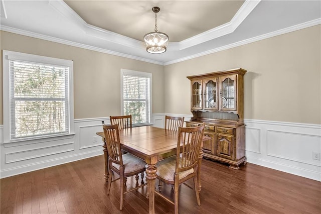 dining area with dark wood-style flooring, a raised ceiling, a wainscoted wall, and an inviting chandelier