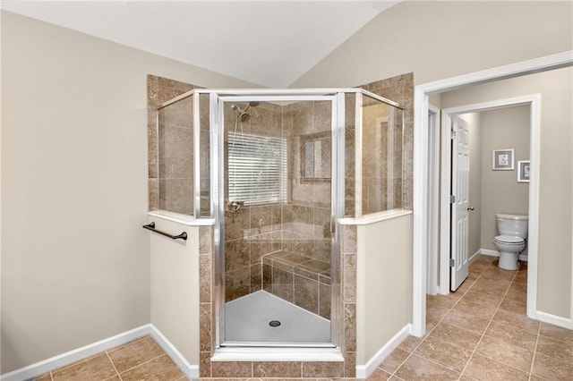 full bath featuring lofted ceiling, a shower stall, toilet, and baseboards