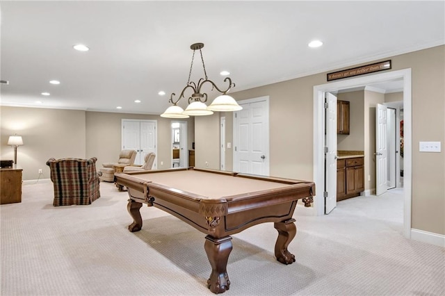 game room with recessed lighting, ornamental molding, baseboards, and light colored carpet