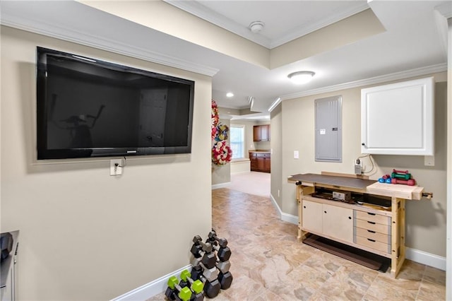 hallway featuring baseboards, electric panel, ornamental molding, and a tray ceiling