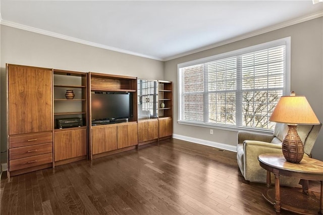 living area with ornamental molding, visible vents, dark wood finished floors, and baseboards