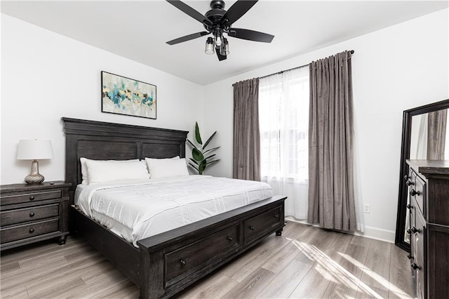 bedroom featuring ceiling fan and light hardwood / wood-style floors