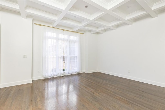 spare room with dark hardwood / wood-style flooring, beam ceiling, and coffered ceiling