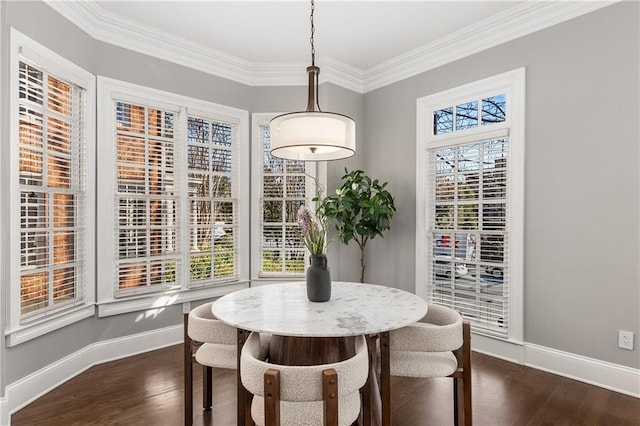 dining area featuring dark wood-style floors, plenty of natural light, and baseboards