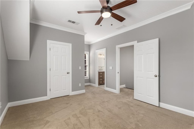 unfurnished bedroom with light carpet, baseboards, visible vents, and crown molding