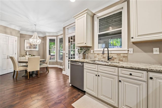 3232 Cates Ave NE, Brookhaven, GA 30319 - kitchen with a sink, stainless steel dishwasher, light stone counters, dark wood-style floors, and tasteful backsplash