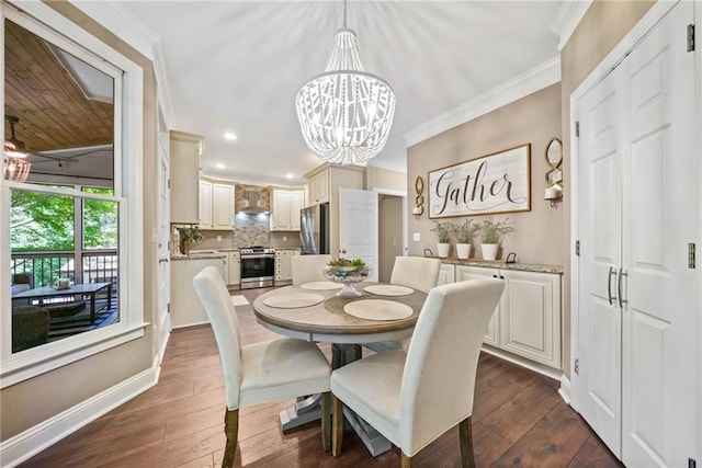 3232 Cates Ave NE, Brookhaven, GA 30319 - dining area featuring ornamental molding, dark wood finished floors, a chandelier, recessed lighting, and baseboards