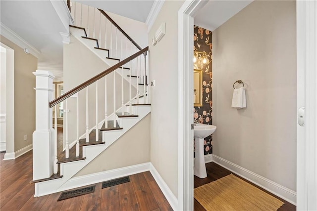 3232 Cates Ave NE, Brookhaven, GA 30319 - stairway featuring hardwood / wood-style floors, baseboards, and ornamental molding