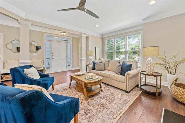 3232 Cates Ave NE, Brookhaven, GA 30319 - living area with decorative columns, wood-type flooring, ceiling fan, baseboards, and crown molding