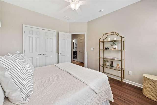 3232 Cates Ave NE, Brookhaven, GA 30319 - bedroom with wood finished floors, baseboards, a closet, and ceiling fan