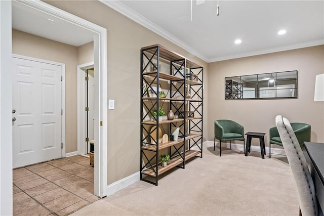 3232 Cates Ave NE, Brookhaven, GA 30319 - living area featuring baseboards, crown molding, recessed lighting, and carpet flooring