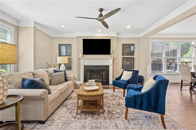3232 Cates Ave NE, Brookhaven, GA 30319 - living room with hardwood / wood-style floors, ceiling fan, healthy amount of natural light, recessed lighting, and a fireplace