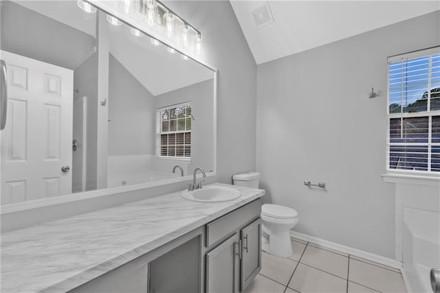 full bathroom with lofted ceiling, tile patterned flooring, vanity, separate shower and tub, and toilet