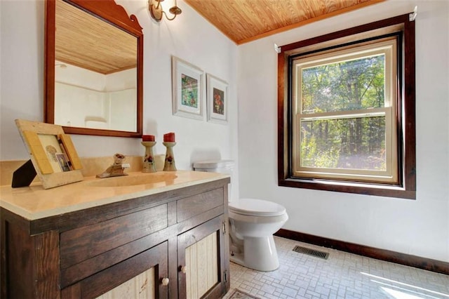 bathroom with toilet, vanity, and wooden ceiling