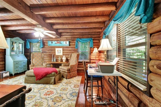 living area featuring wooden ceiling, dark hardwood / wood-style flooring, log walls, and beamed ceiling