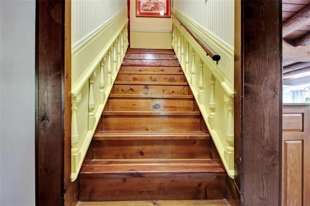 stairway featuring wood-type flooring and wood ceiling