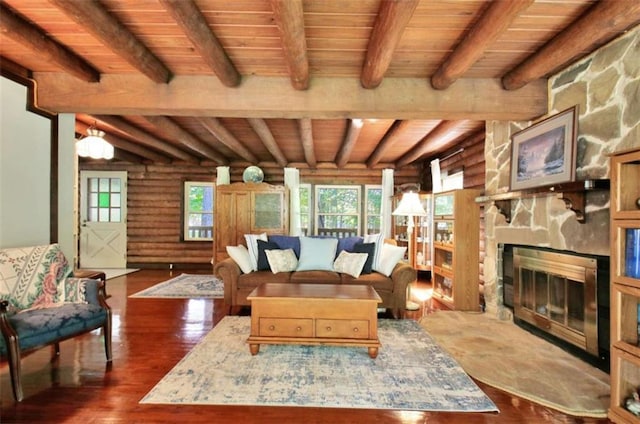 living room with dark hardwood / wood-style floors, beamed ceiling, a stone fireplace, log walls, and wooden ceiling