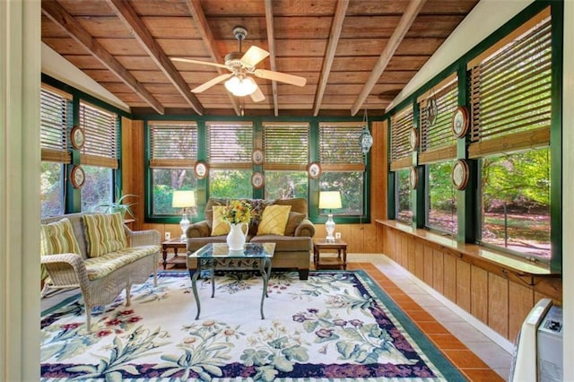 sunroom with ceiling fan, wooden ceiling, and lofted ceiling with beams