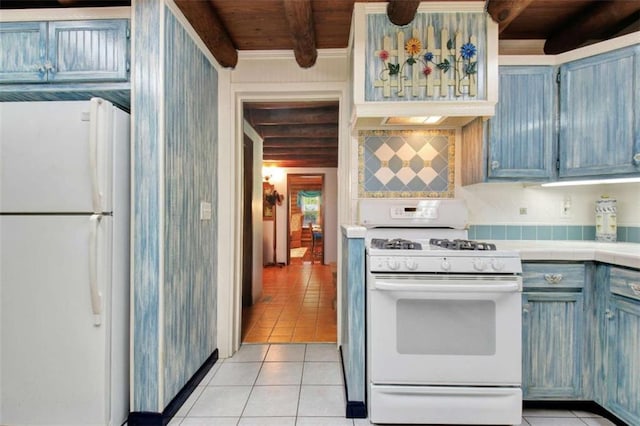 kitchen featuring beamed ceiling, light tile patterned flooring, wood ceiling, and white appliances