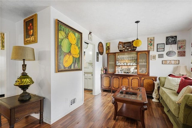 living room with dark wood-type flooring