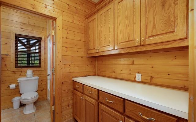 bathroom featuring wood walls, toilet, vanity, and tile patterned floors